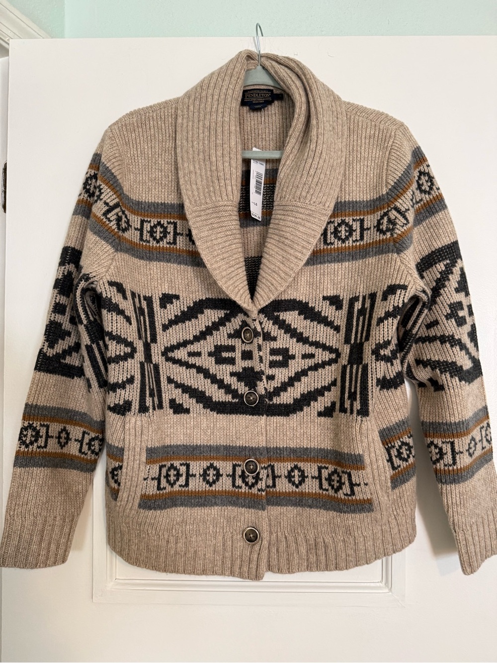 Pendleton Beige Black Geometric Shawl Collar Cardigan